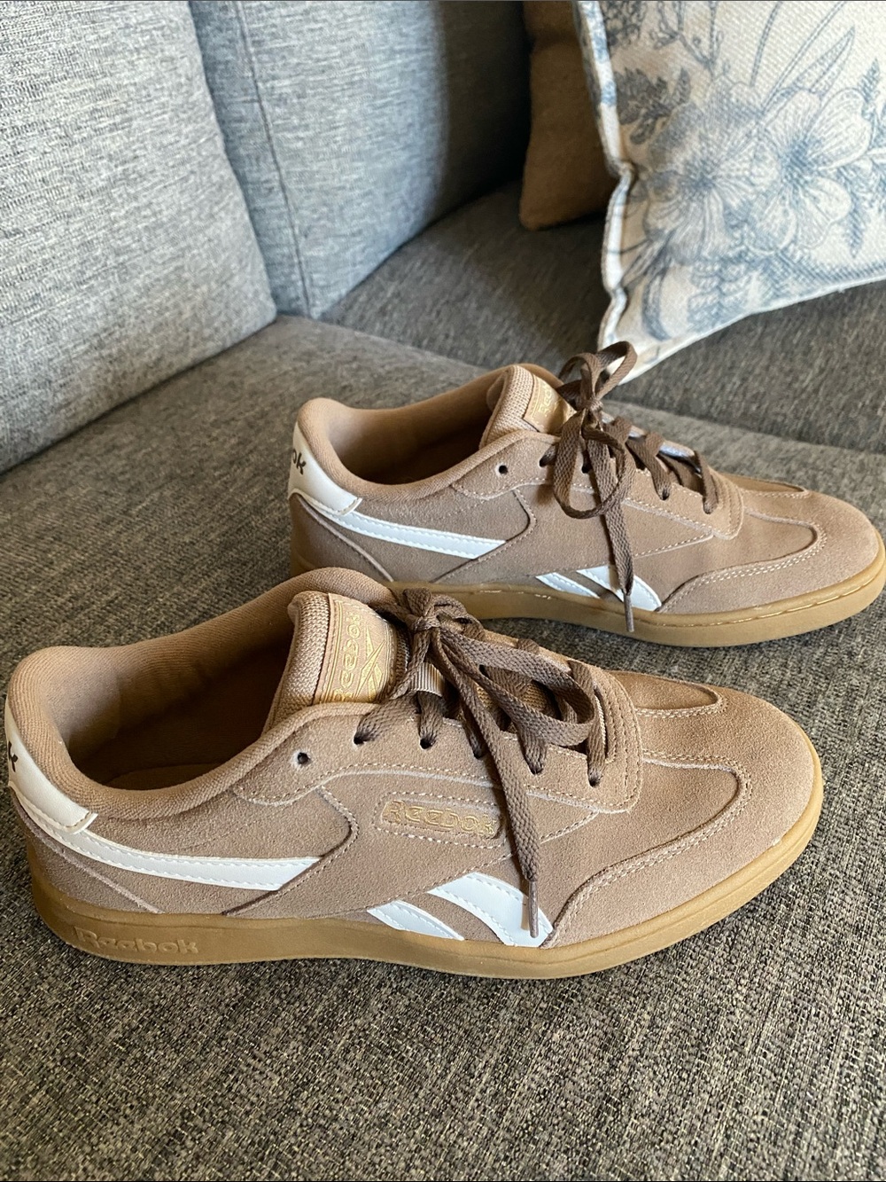 Reebok Woman’s Suede Sneakers in Tan and White with Gum Sole